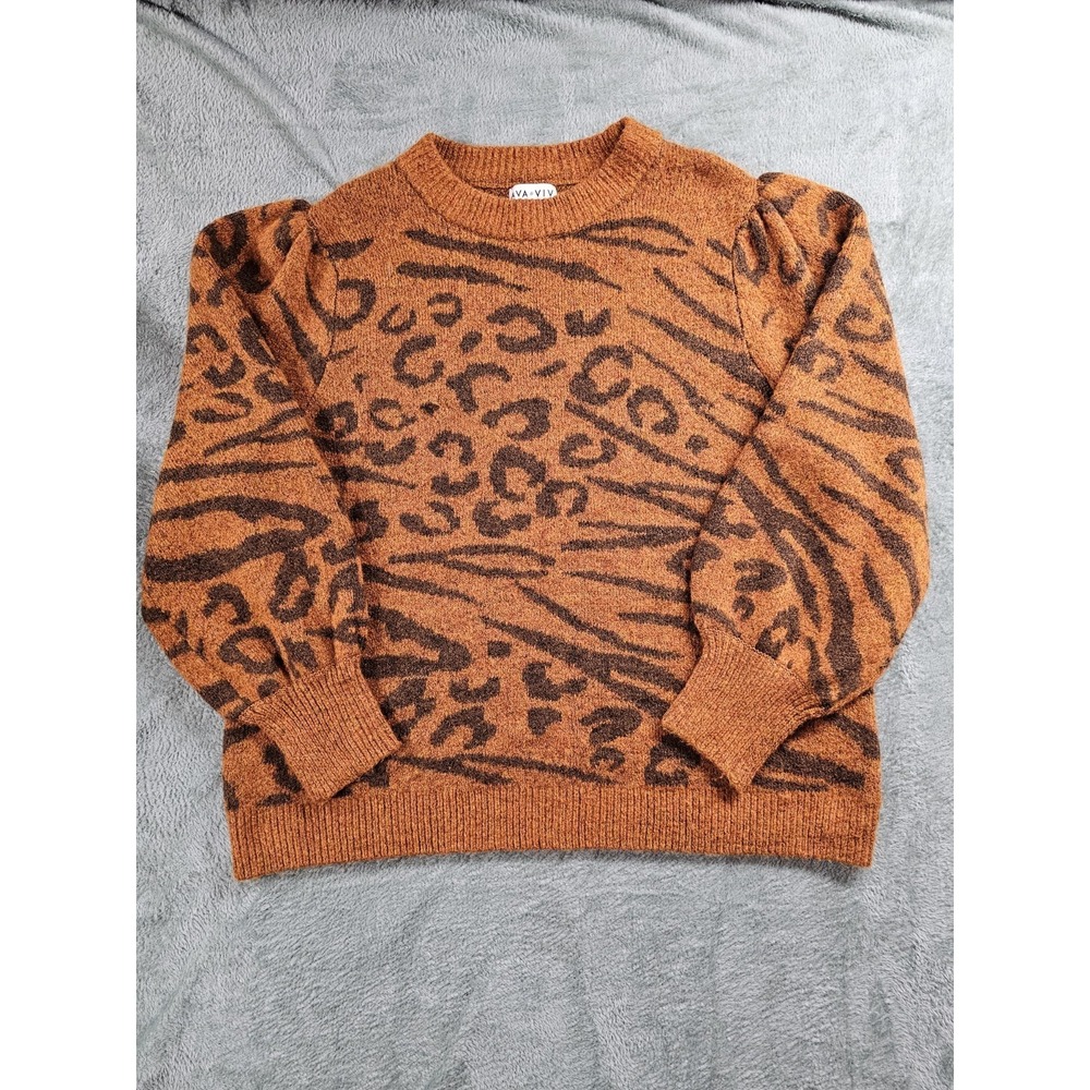 Ava Aviv Women's Brown Animal Print  Fuzzy Crew Neck Sweater Size XXL